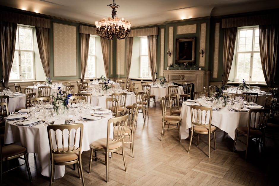 Luxurious casino event setting with elegant decorations and gaming tables